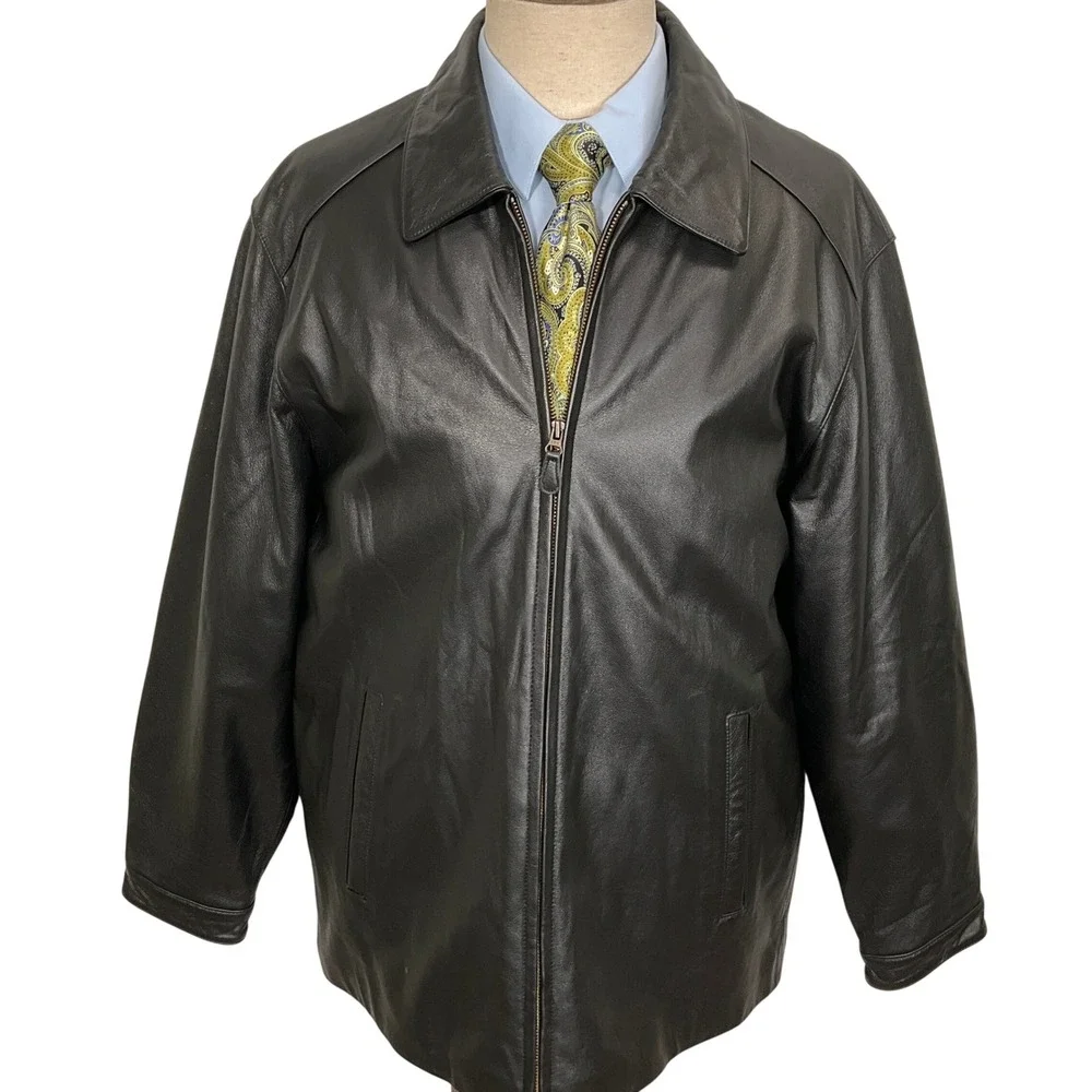 St‎ Johns Bay Leather Jacket Mens Large Black Zip Quilt Lined Car Coat